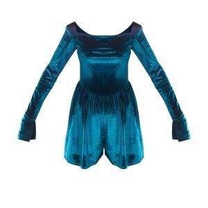 Emerald Green Velvet Cup Detail Long Sleeve Skater Romper